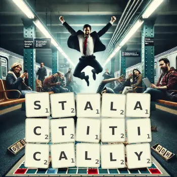 Creative illustration for a Scrabble game with the word STALACTITICALLY spelled out in tiles on the board.