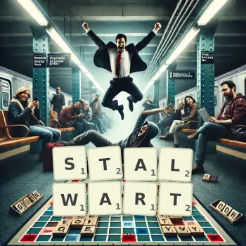 Creative illustration for a Scrabble game with the word STALWART spelled out in tiles on the board.