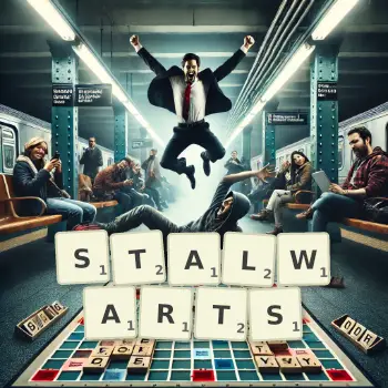 Creative illustration for a Scrabble game with the word STALWARTS spelled out in tiles on the board.