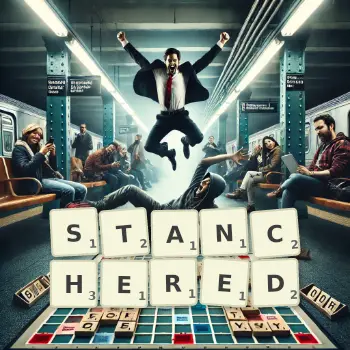 Creative illustration for a Scrabble game with the word STANCHERED spelled out in tiles on the board.