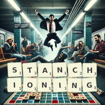 Creative illustration for a Scrabble game with the word STANCHIONING spelled out in tiles on the board.