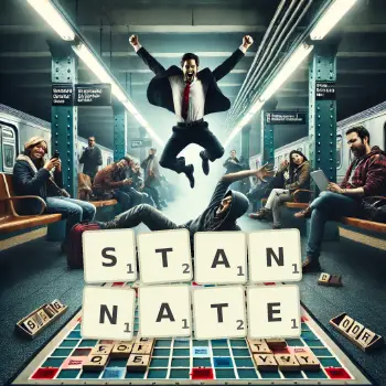Creative illustration for a Scrabble game with the word STANNATE spelled out in tiles on the board.