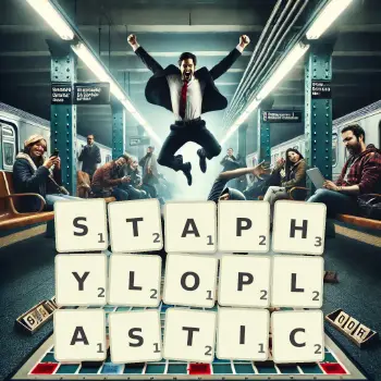 Creative illustration for a Scrabble game with the word STAPHYLOPLASTIC spelled out in tiles on the board.