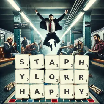 Creative illustration for a Scrabble game with the word STAPHYLORRHAPHY spelled out in tiles on the board.