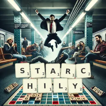Creative illustration for a Scrabble game with the word STARCHILY spelled out in tiles on the board.