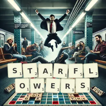 Creative illustration for a Scrabble game with the word STARFLOWERS spelled out in tiles on the board.