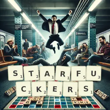 Creative illustration for a Scrabble game with the word STARFUCKERS spelled out in tiles on the board.
