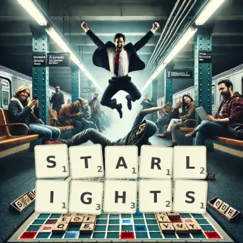 Creative illustration for a Scrabble game with the word STARLIGHTS spelled out in tiles on the board.