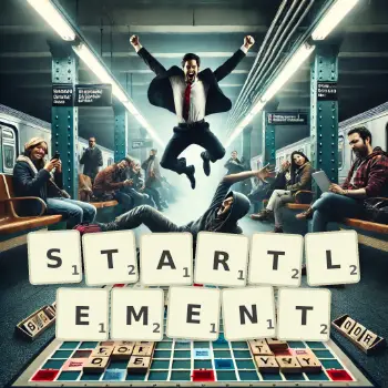 Creative illustration for a Scrabble game with the word STARTLEMENT spelled out in tiles on the board.