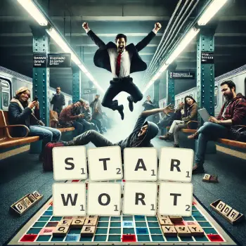 Creative illustration for a Scrabble game with the word STARWORT spelled out in tiles on the board.