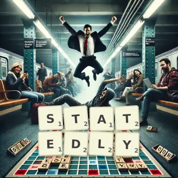 Creative illustration for a Scrabble game with the word STATEDLY spelled out in tiles on the board.