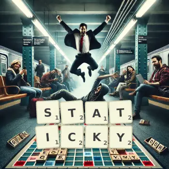 Creative illustration for a Scrabble game with the word STATICKY spelled out in tiles on the board.