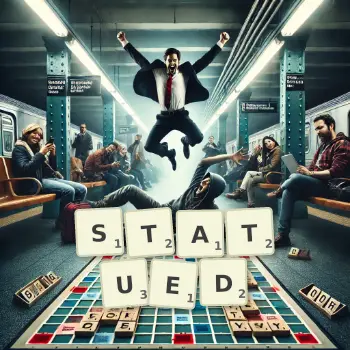 Creative illustration for a Scrabble game with the word STATUED spelled out in tiles on the board.