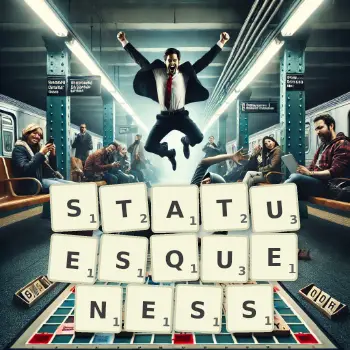 Creative illustration for a Scrabble game with the word STATUESQUENESS spelled out in tiles on the board.
