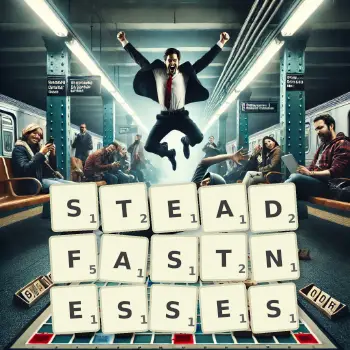 Creative illustration for a Scrabble game with the word STEADFASTNESSES spelled out in tiles on the board.