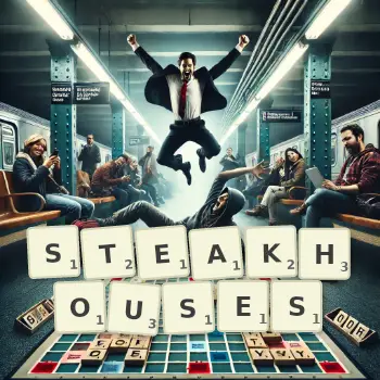 Creative illustration for a Scrabble game with the word STEAKHOUSES spelled out in tiles on the board.