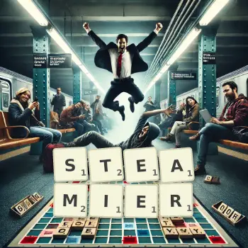 Creative illustration for a Scrabble game with the word STEAMIER spelled out in tiles on the board.