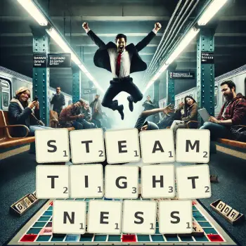 Creative illustration for a Scrabble game with the word STEAMTIGHTNESS spelled out in tiles on the board.