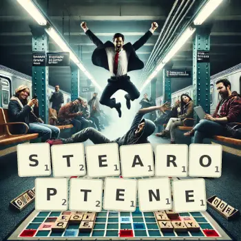 Creative illustration for a Scrabble game with the word STEAROPTENE spelled out in tiles on the board.