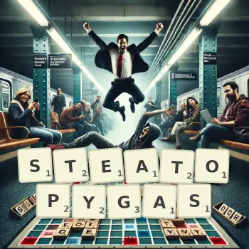 Creative illustration for a Scrabble game with the word STEATOPYGAS spelled out in tiles on the board.