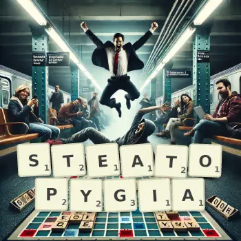 Creative illustration for a Scrabble game with the word STEATOPYGIA spelled out in tiles on the board.