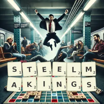 Creative illustration for a Scrabble game with the word STEELMAKINGS spelled out in tiles on the board.