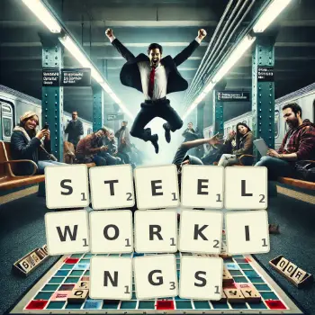 Creative illustration for a Scrabble game with the word STEELWORKINGS spelled out in tiles on the board.