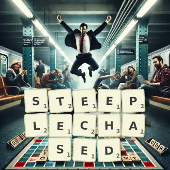 Creative illustration for a Scrabble game with the word STEEPLECHASED spelled out in tiles on the board.