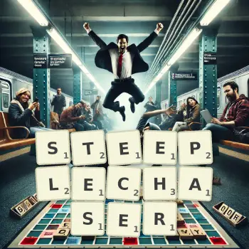 Creative illustration for a Scrabble game with the word STEEPLECHASER spelled out in tiles on the board.