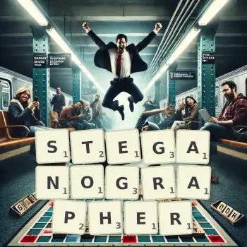 Creative illustration for a Scrabble game with the word STEGANOGRAPHER spelled out in tiles on the board.