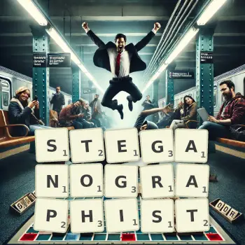 Creative illustration for a Scrabble game with the word STEGANOGRAPHIST spelled out in tiles on the board.