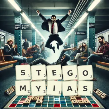 Creative illustration for a Scrabble game with the word STEGOMYIAS spelled out in tiles on the board.