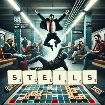 Creative illustration for a Scrabble game with the word STEILS spelled out in tiles on the board.