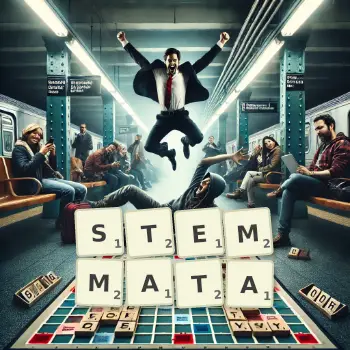 Creative illustration for a Scrabble game with the word STEMMATA spelled out in tiles on the board.
