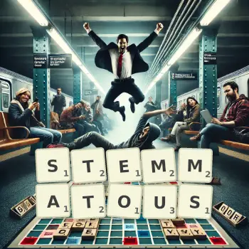 Creative illustration for a Scrabble game with the word STEMMATOUS spelled out in tiles on the board.