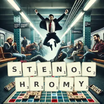 Creative illustration for a Scrabble game with the word STENOCHROMY spelled out in tiles on the board.