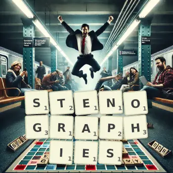 Creative illustration for a Scrabble game with the word STENOGRAPHIES spelled out in tiles on the board.