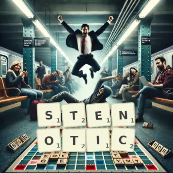 Creative illustration for a Scrabble game with the word STENOTIC spelled out in tiles on the board.