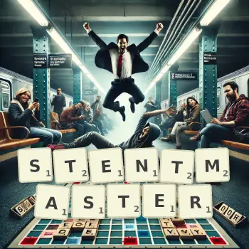 Creative illustration for a Scrabble game with the word STENTMASTER spelled out in tiles on the board.