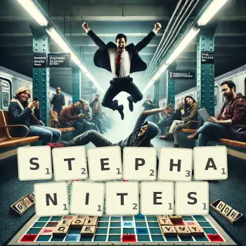 Creative illustration for a Scrabble game with the word STEPHANITES spelled out in tiles on the board.