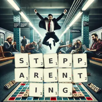 Creative illustration for a Scrabble game with the word STEPPARENTING spelled out in tiles on the board.