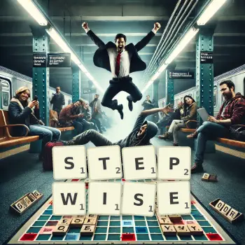Creative illustration for a Scrabble game with the word STEPWISE spelled out in tiles on the board.