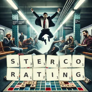 Creative illustration for a Scrabble game with the word STERCORATING spelled out in tiles on the board.