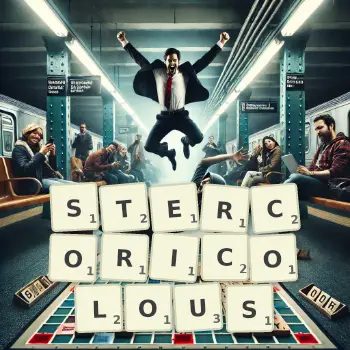 Creative illustration for a Scrabble game with the word STERCORICOLOUS spelled out in tiles on the board.