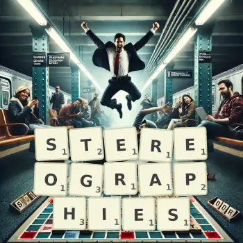 Creative illustration for a Scrabble game with the word STEREOGRAPHIES spelled out in tiles on the board.