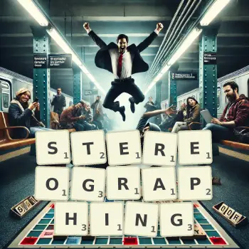 Creative illustration for a Scrabble game with the word STEREOGRAPHING spelled out in tiles on the board.