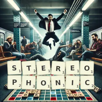 Creative illustration for a Scrabble game with the word STEREOPHONIC spelled out in tiles on the board.