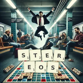 Creative illustration for a Scrabble game with the word STEREOS spelled out in tiles on the board.