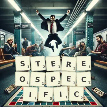 Creative illustration for a Scrabble game with the word STEREOSPECIFIC spelled out in tiles on the board.