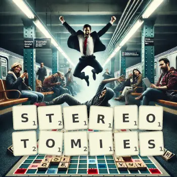Creative illustration for a Scrabble game with the word STEREOTOMIES spelled out in tiles on the board.